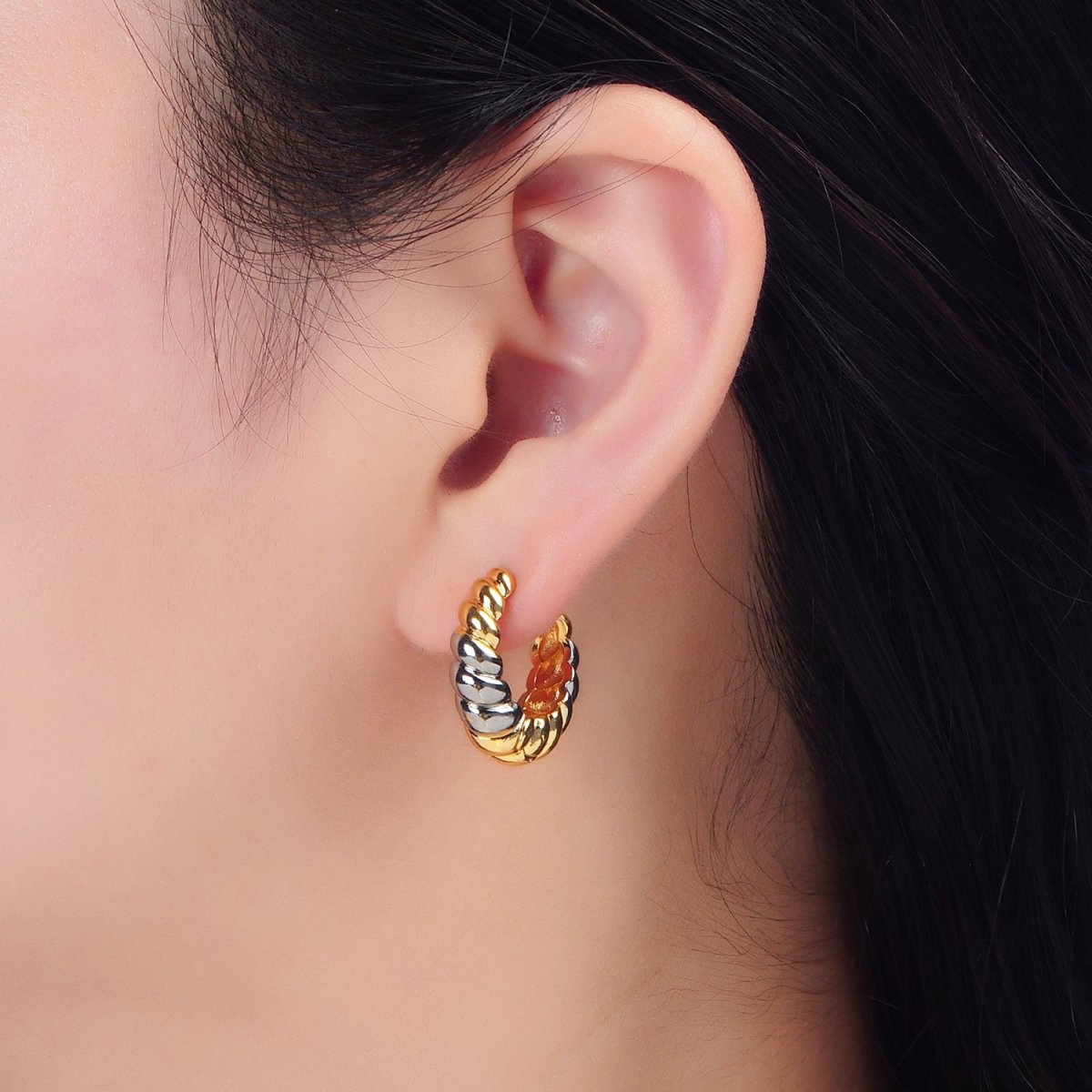 24K Gold Filled 20mm Mixed Metal Croissant Minimalist Huggie Earrings | P212