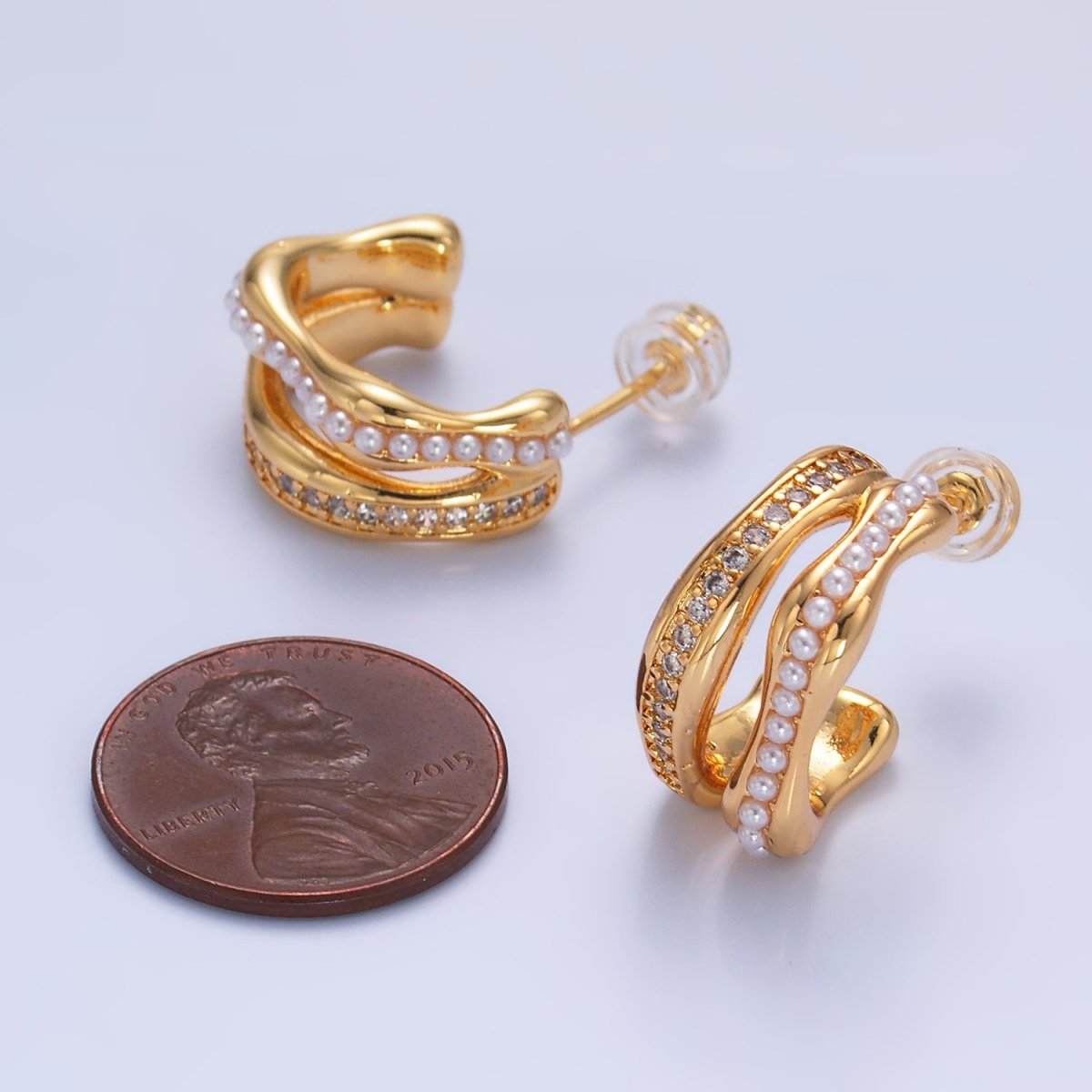 24K Gold Filled 20mm Pearl Micro Paved CZ Double Band C-Shaped Hoop Earrings | Q534