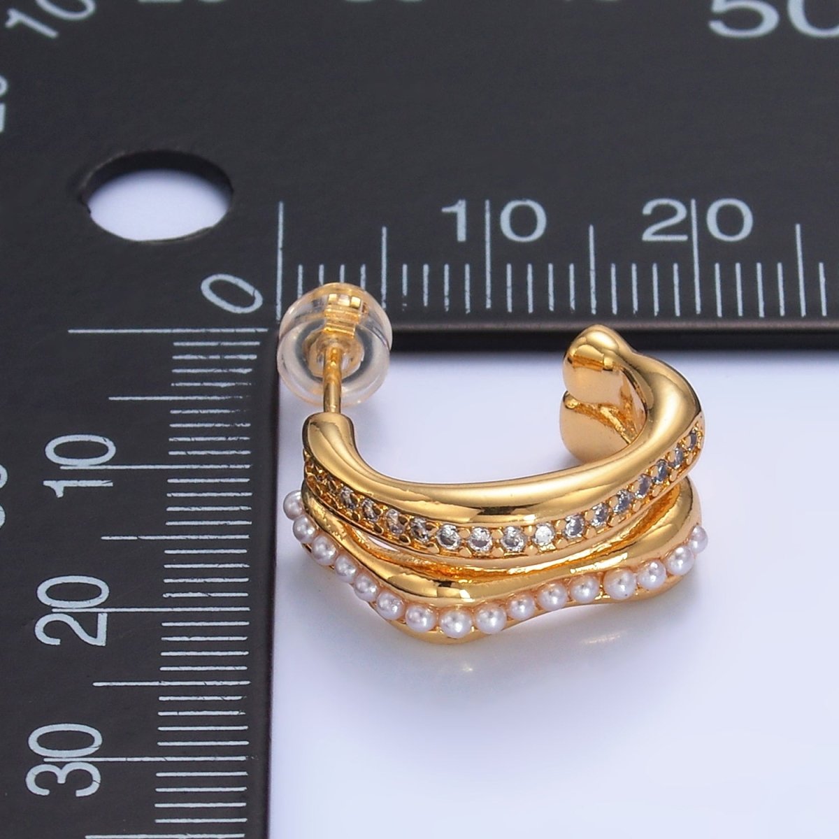 24K Gold Filled 20mm Pearl Micro Paved CZ Double Band C-Shaped Hoop Earrings | Q534