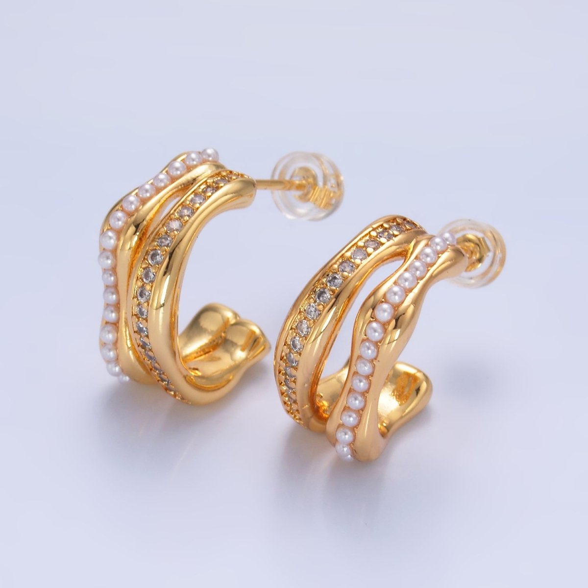 24K Gold Filled 20mm Pearl Micro Paved CZ Double Band C-Shaped Hoop Earrings | Q534