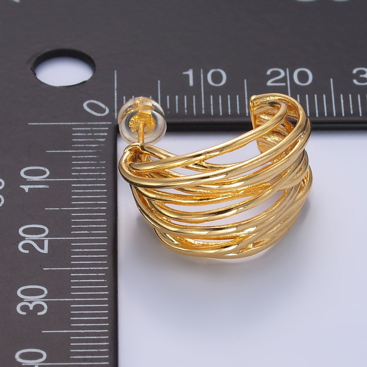 24K Gold Filled 22mm Multiple Linear Lined C-Shaped Hoop Earrings | AB1107