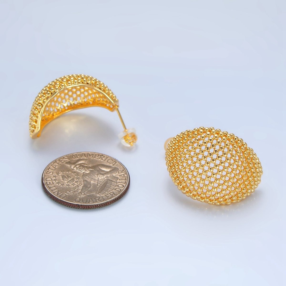 24K Gold Filled 27mm Dotted Dome Geometric C-Shaped Hoop Earrings | P130