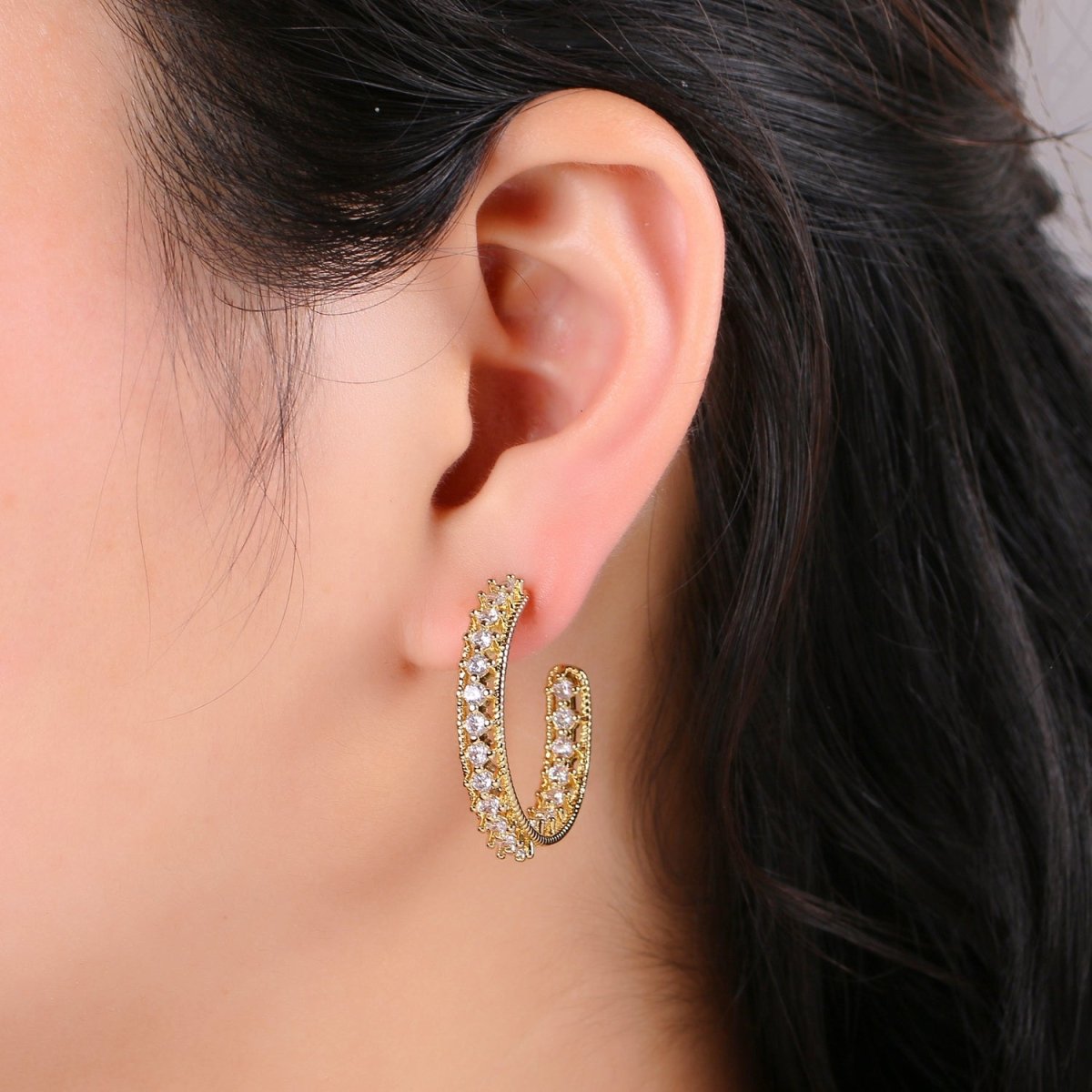 24K Gold Filled 30mm Clear CZ Front-Facing C-Shaped Hoop Earrings | Q420