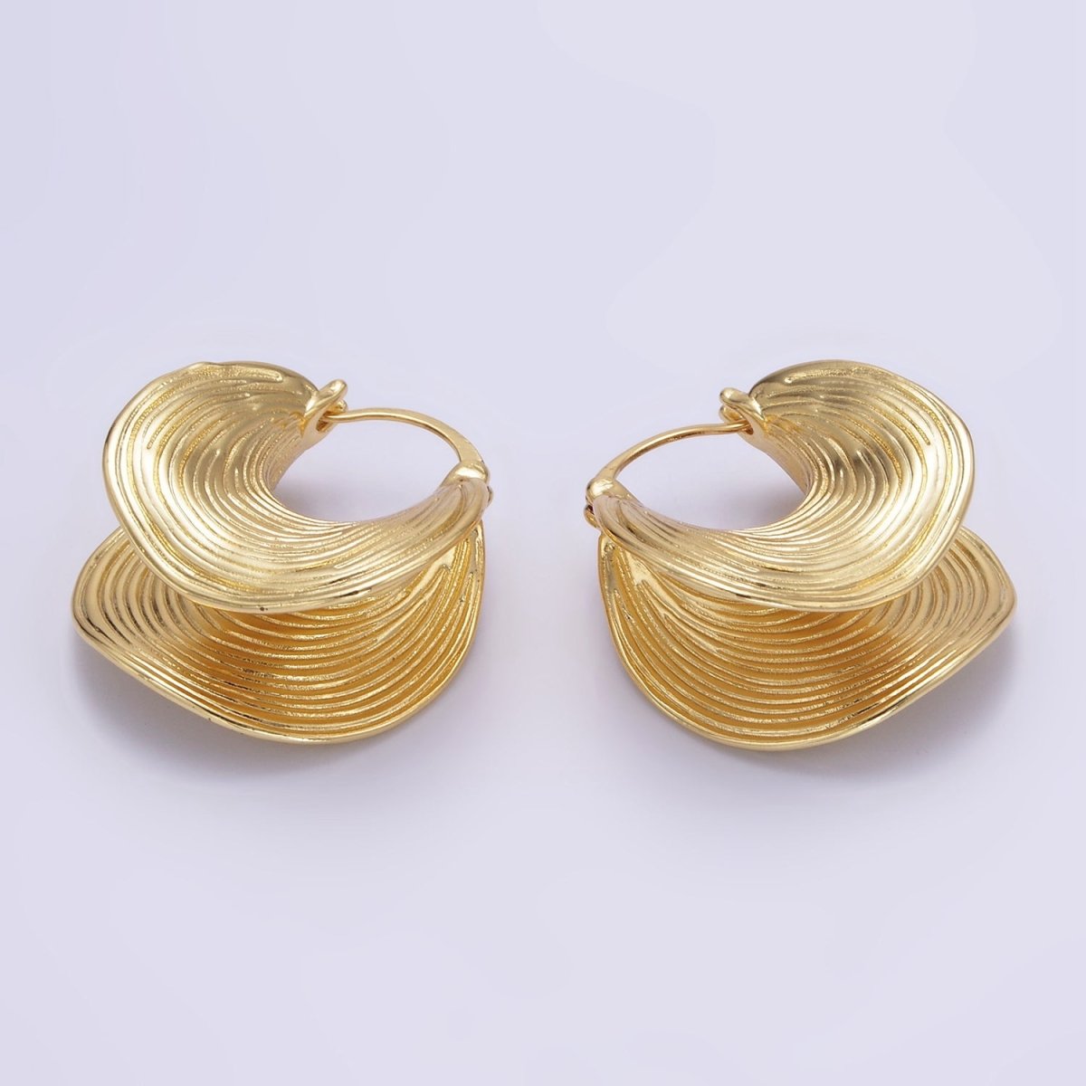 24K Gold Filled 30mm Line-Textured Curved Latch Hoop Earrings | P523