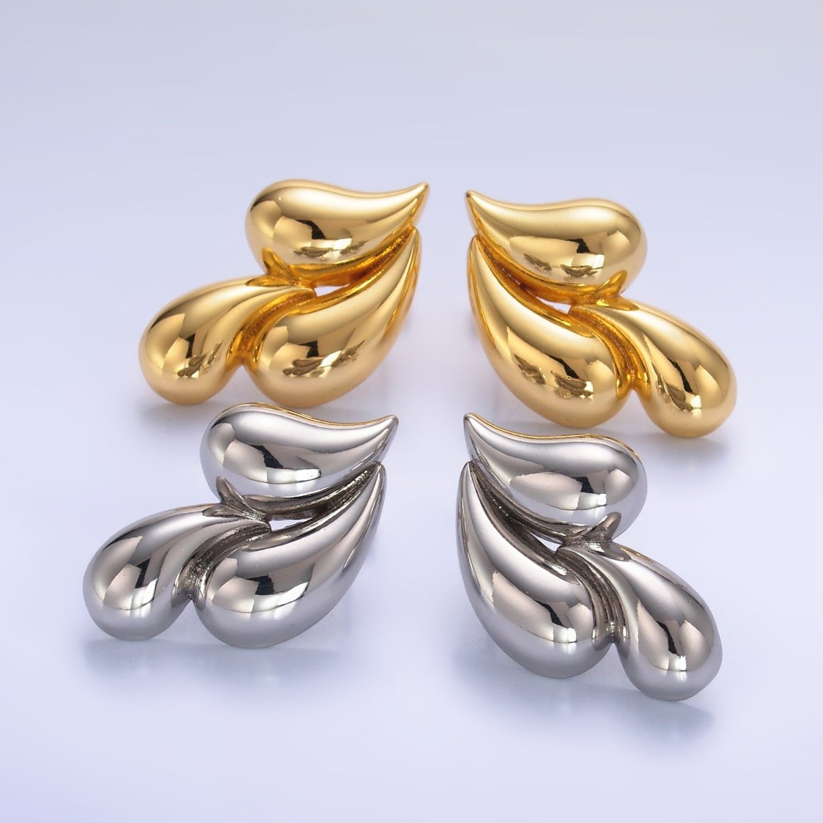 24K Gold Filled 30mm Triple Teardrop Stud Earrings in Gold & Silver | Q466 Q455