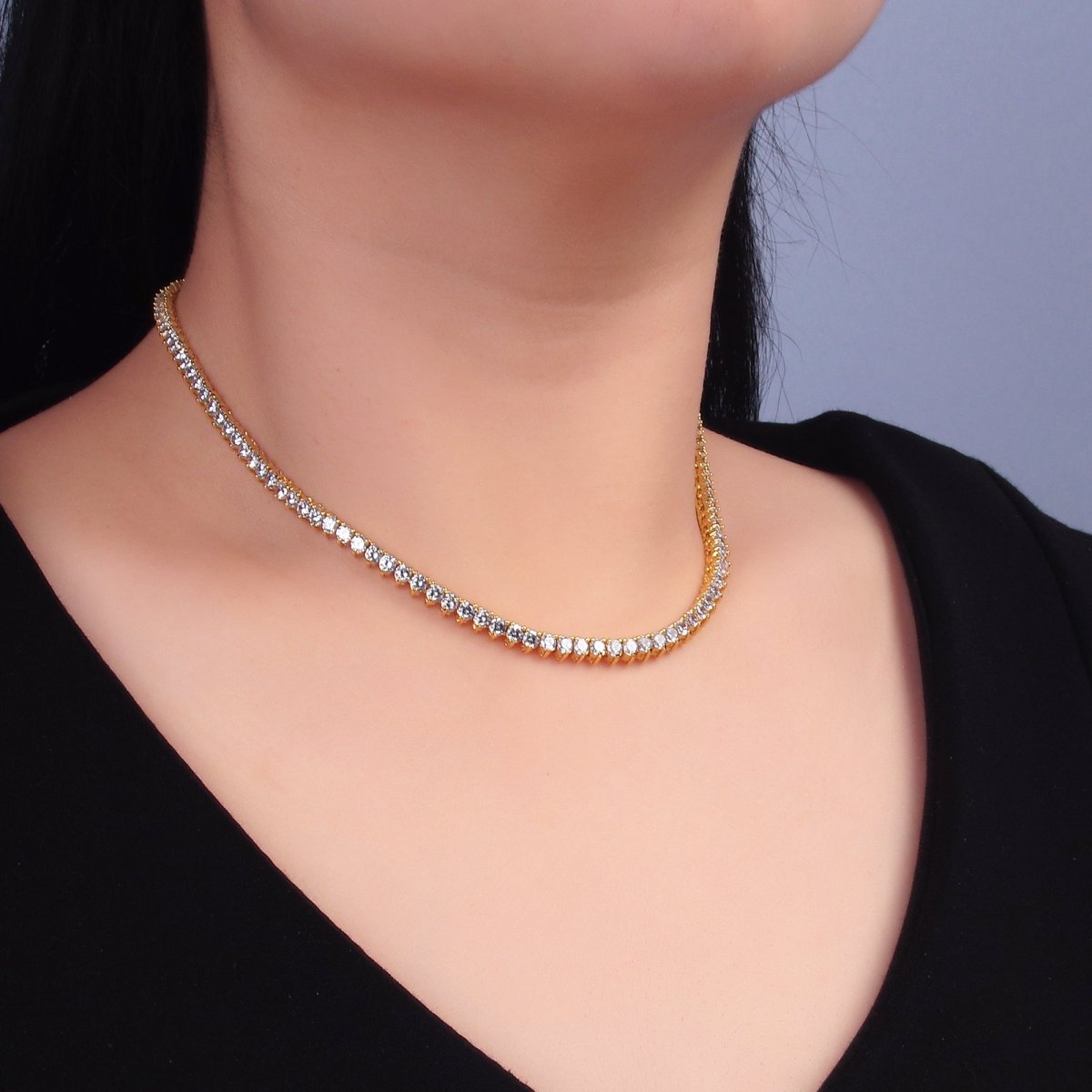 24K Gold Filled 4.2mm Clear CZ Three-Prong Tennis Chain 16 Inch Necklace | WA-3027