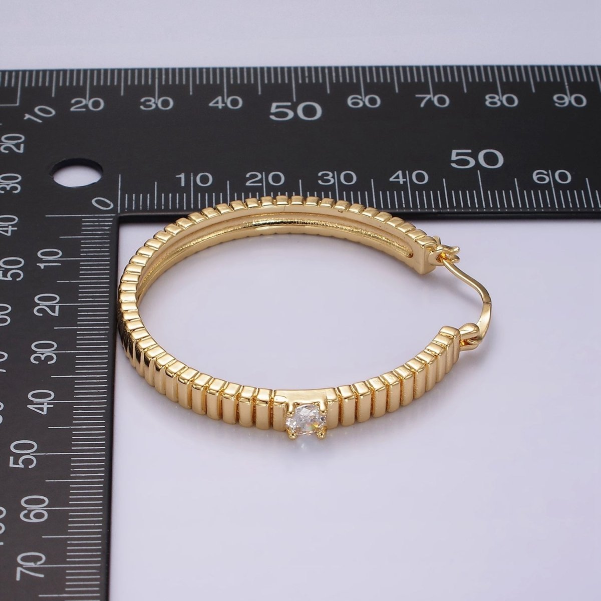 24K Gold Filled 50mm Clear CZ Ribbed Latch Hoop Earrings | AE346