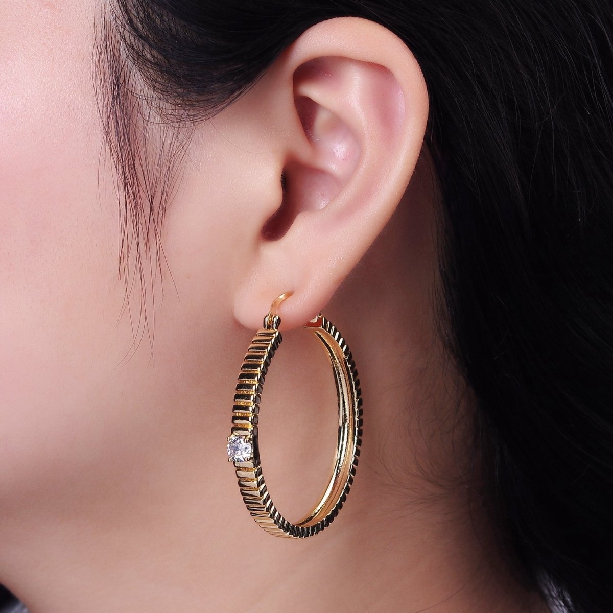 24K Gold Filled 50mm Clear CZ Ribbed Latch Hoop Earrings | AE346