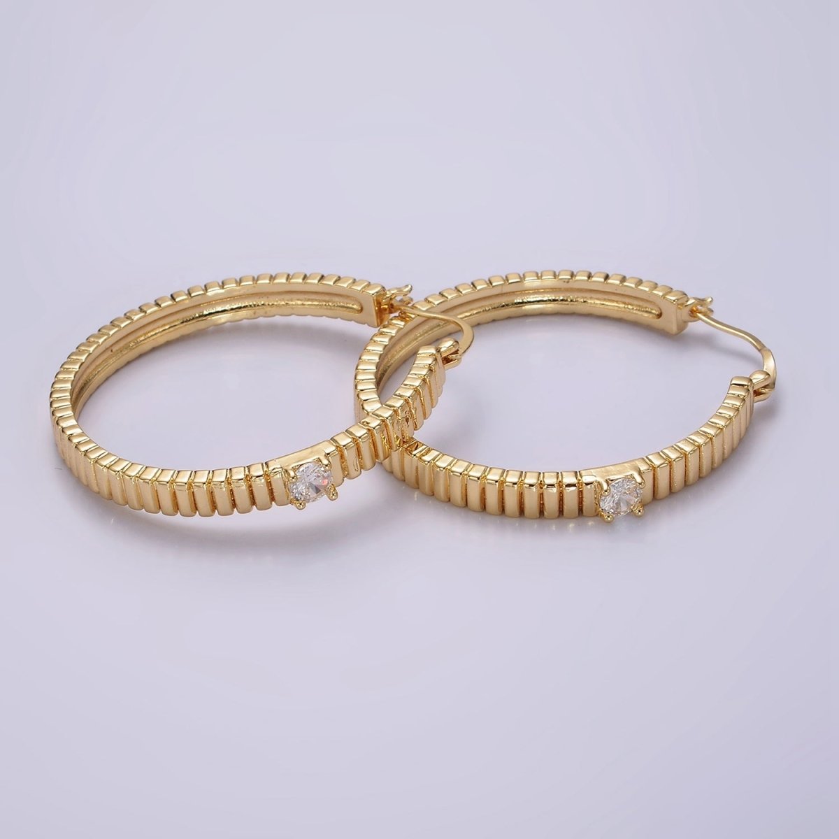 24K Gold Filled 50mm Clear CZ Ribbed Latch Hoop Earrings | AE346