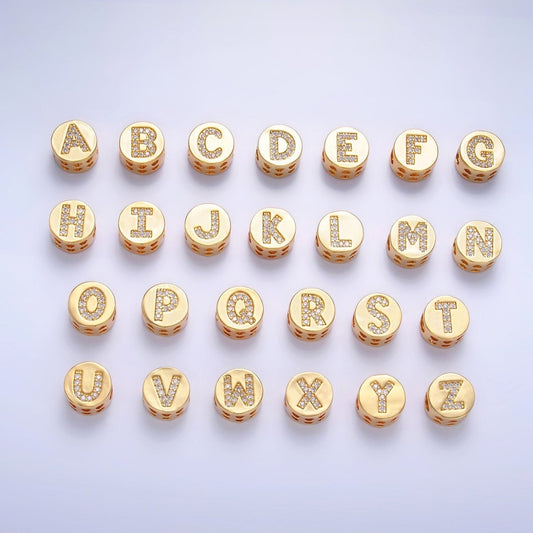 24K Gold Filled Alphabet Letter Micro Paved CZ Round Bead | A1526 - A1538