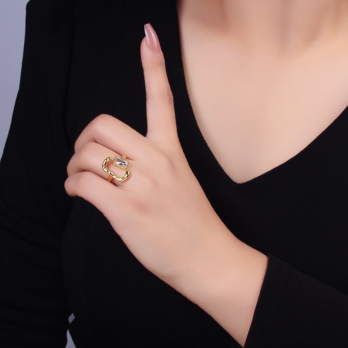 24K Gold Filled Baguette Curved Geometric Open Claw Ring | O838