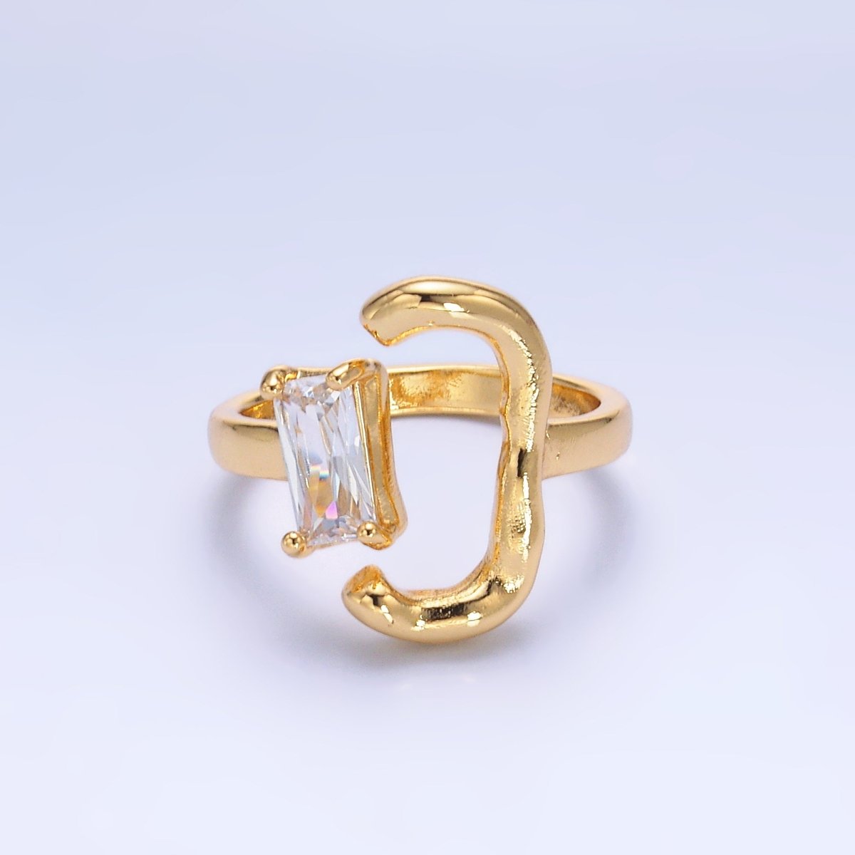 24K Gold Filled Baguette Curved Geometric Open Claw Ring | O838