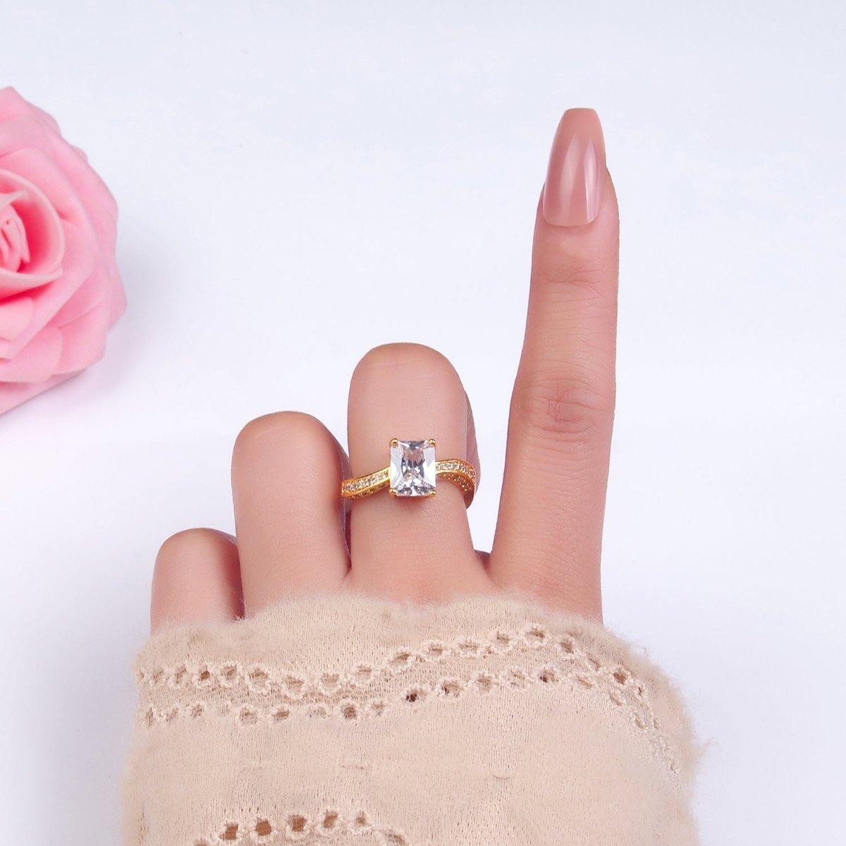 24K Gold Filled Baguette CZ Micro Paved Curved Ring | O327