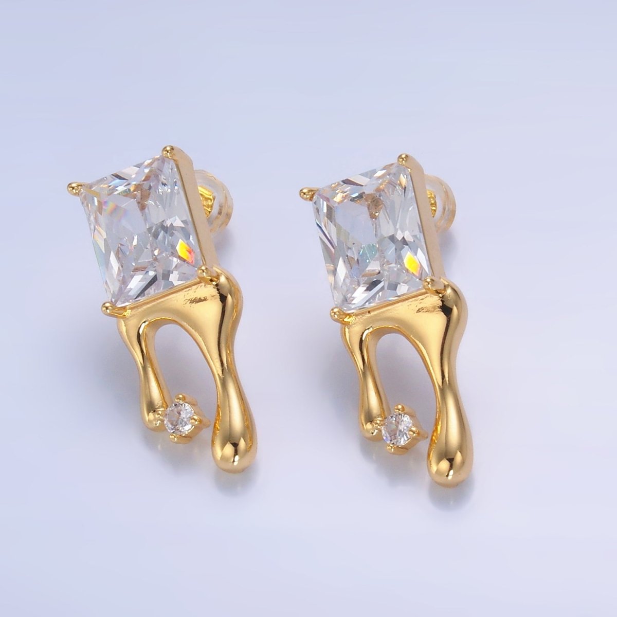 24K Gold Filled Baguette CZ Molten Drip Stud Earrings | AB721