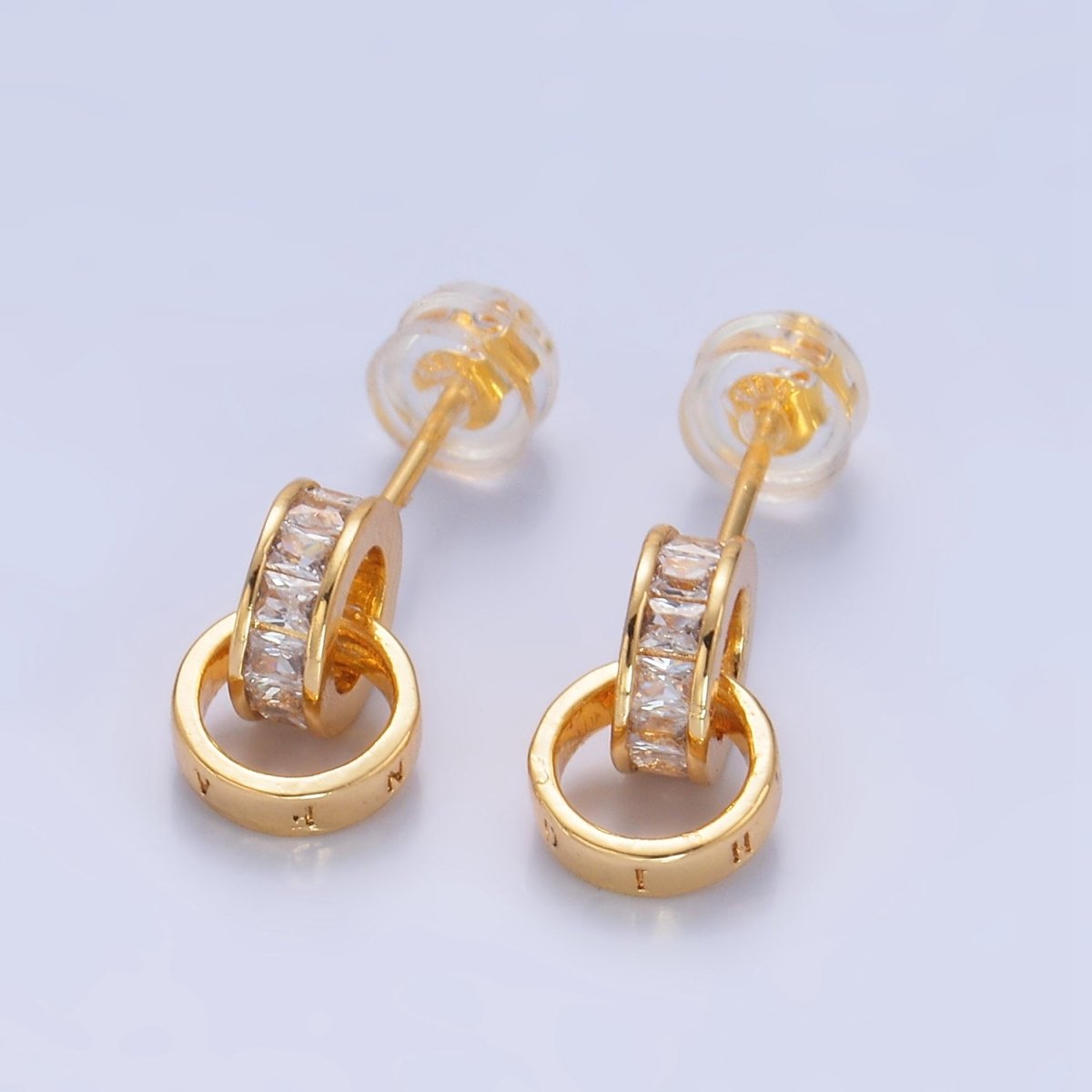 24K Gold Filled Baguette CZ Rhondelle Drop Stud Earrings | V047