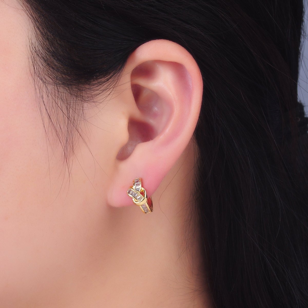24K Gold Filled Baguette Knot Huggie Earrings | AB006