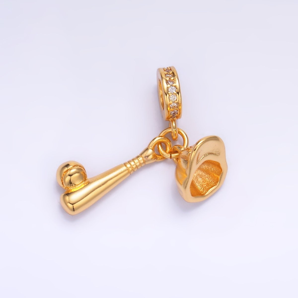 24K Gold Filled Baseball Bat Cap Micro Paved CZ Rhondelle Drop Pendant | W333