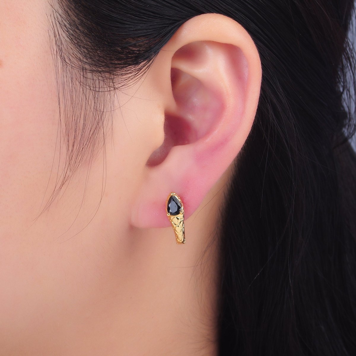 24K Gold Filled Black CZ Teardrop Quilted Scaled Snake Huggie Earrings | AB1461