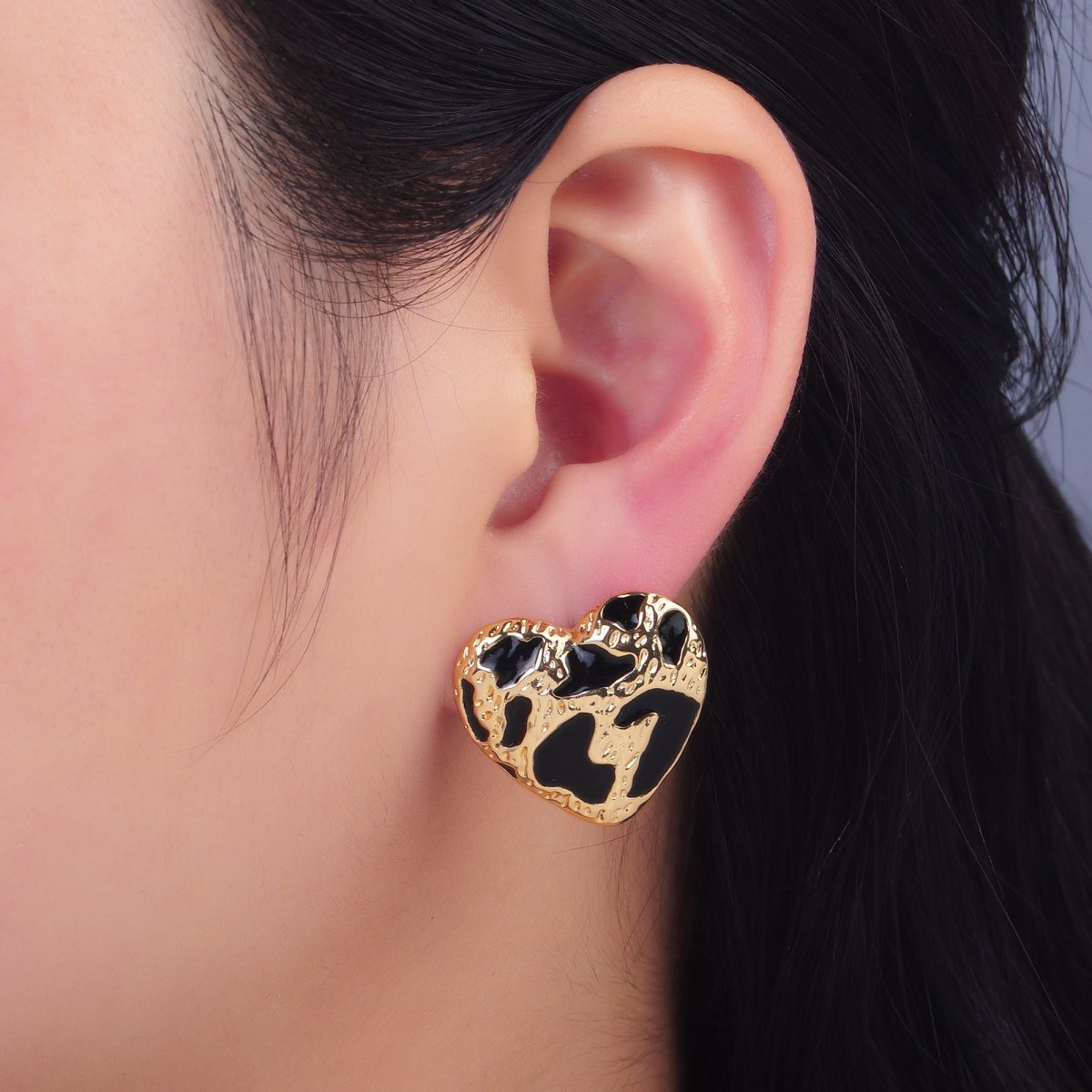 24K Gold Filled Black Enamel Cheetah Textured Heart Stud Earrings in Gold & Silver | AB1496 AB1549