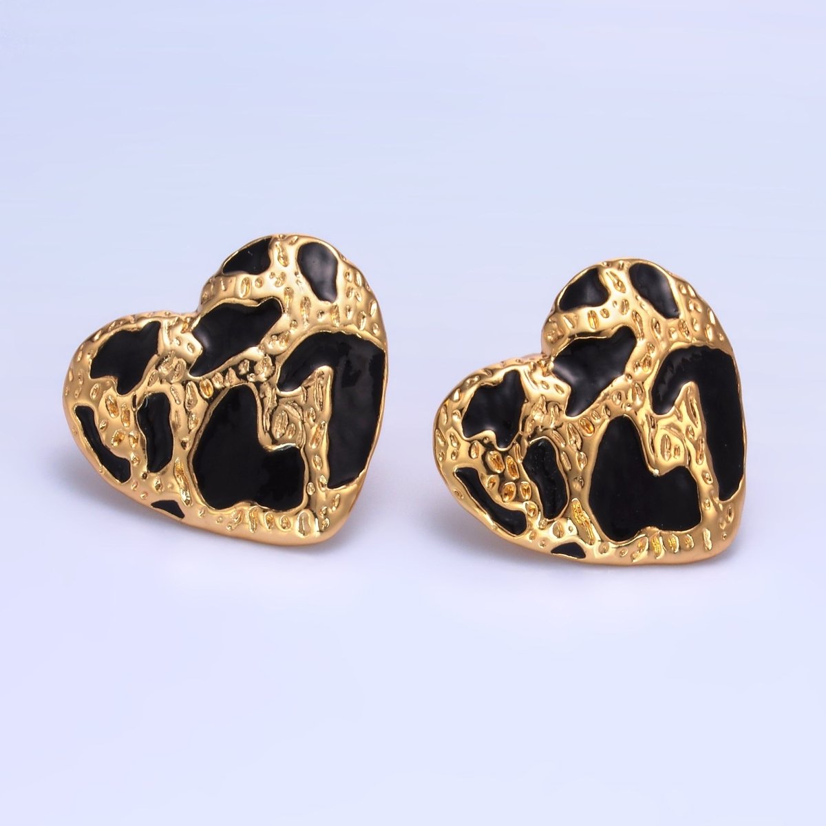 24K Gold Filled Black Enamel Cheetah Textured Heart Stud Earrings in Gold & Silver | AB1496 AB1549
