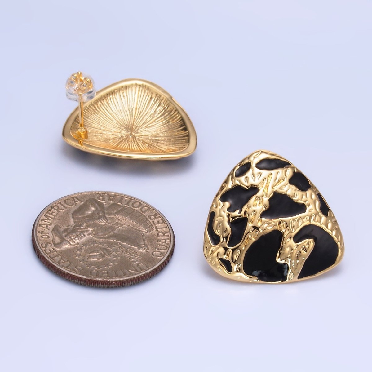 24K Gold Filled Black Enamel Cheetah Textured Triangle Stud Earrings in Gold & Silver | AB1420 AB1419