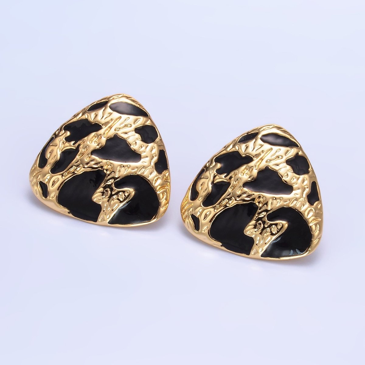 24K Gold Filled Black Enamel Cheetah Textured Triangle Stud Earrings in Gold & Silver | AB1420 AB1419