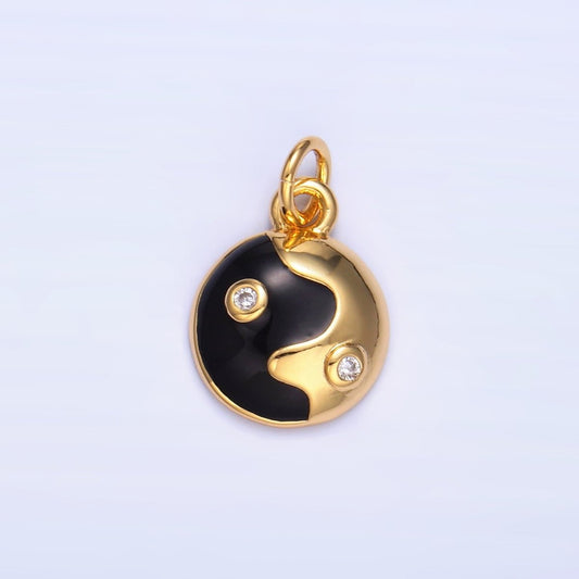 24K Gold Filled Black Enamel CZ Molten Round Charm | W439