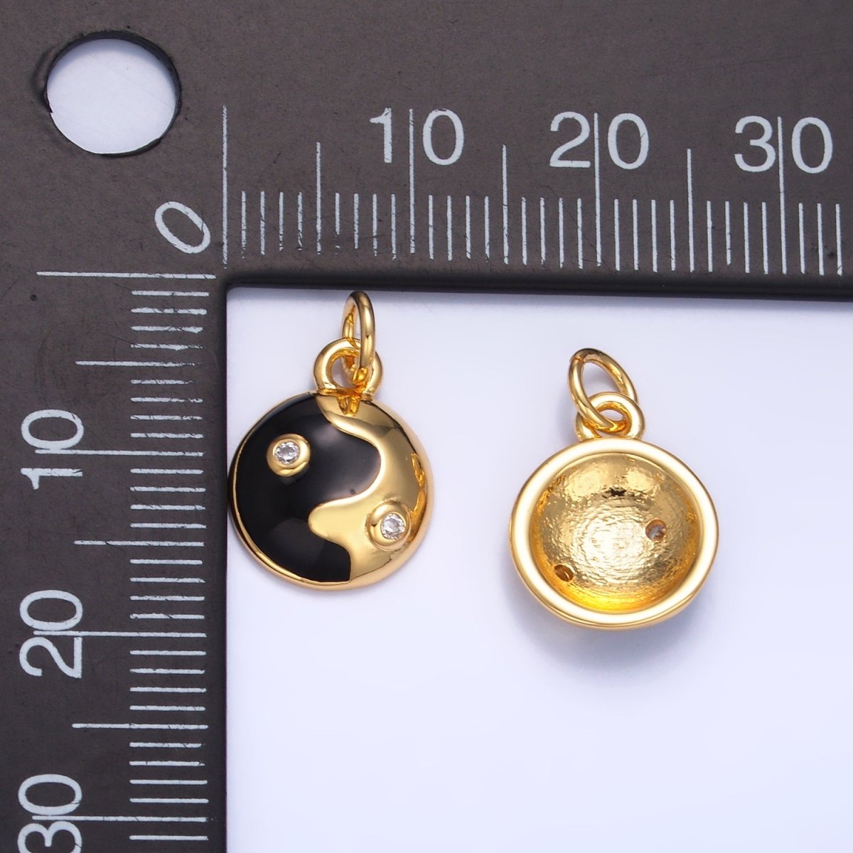 24K Gold Filled Black Enamel CZ Molten Round Charm | W439