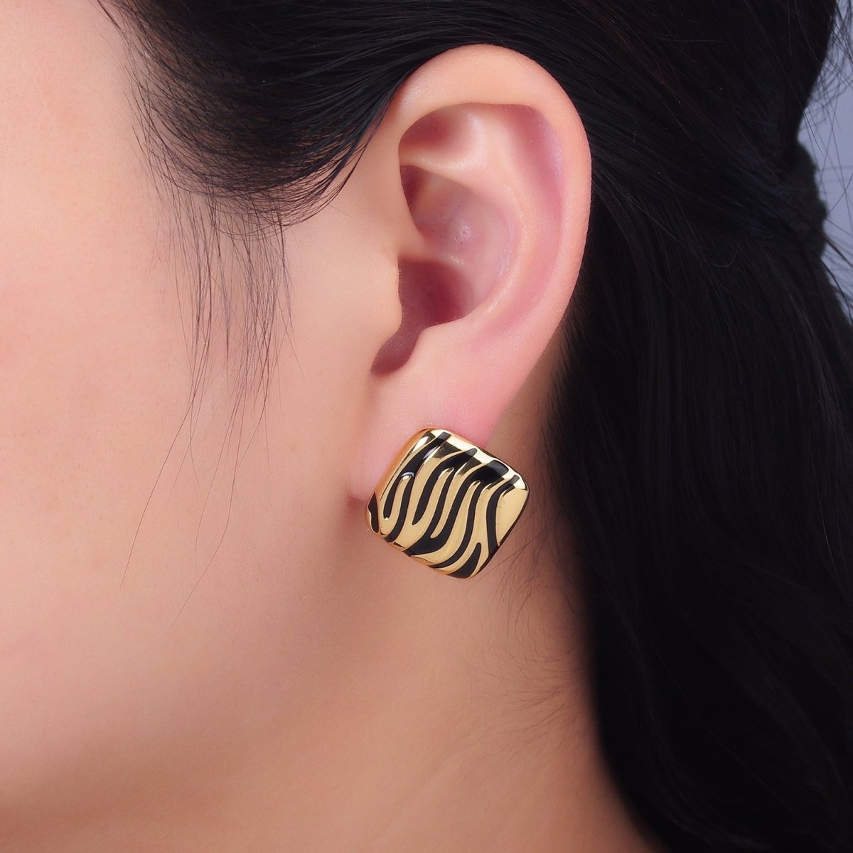 24K Gold Filled Black Zebra Print Rhombus Stud Earrings | AB924