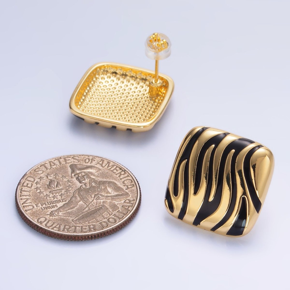 24K Gold Filled Black Zebra Print Rhombus Stud Earrings | AB924