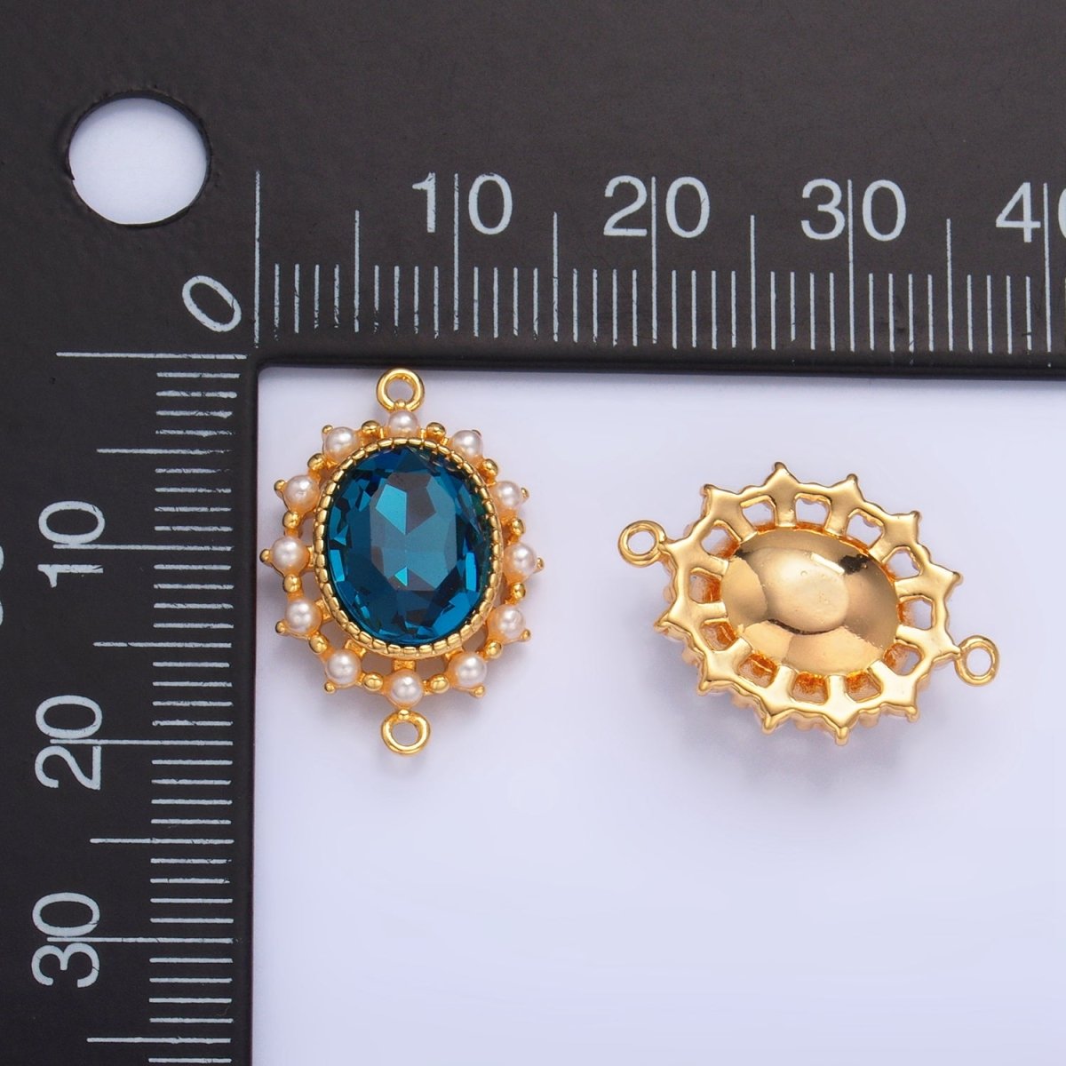 24K Gold Filled Blue CZ Shell Pearl Bezel Oval Connector | F729
