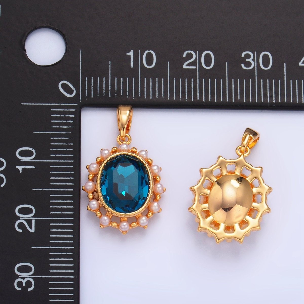 24K Gold Filled Blue CZ Shell Pearl Bezel Oval Pendant | AA1014