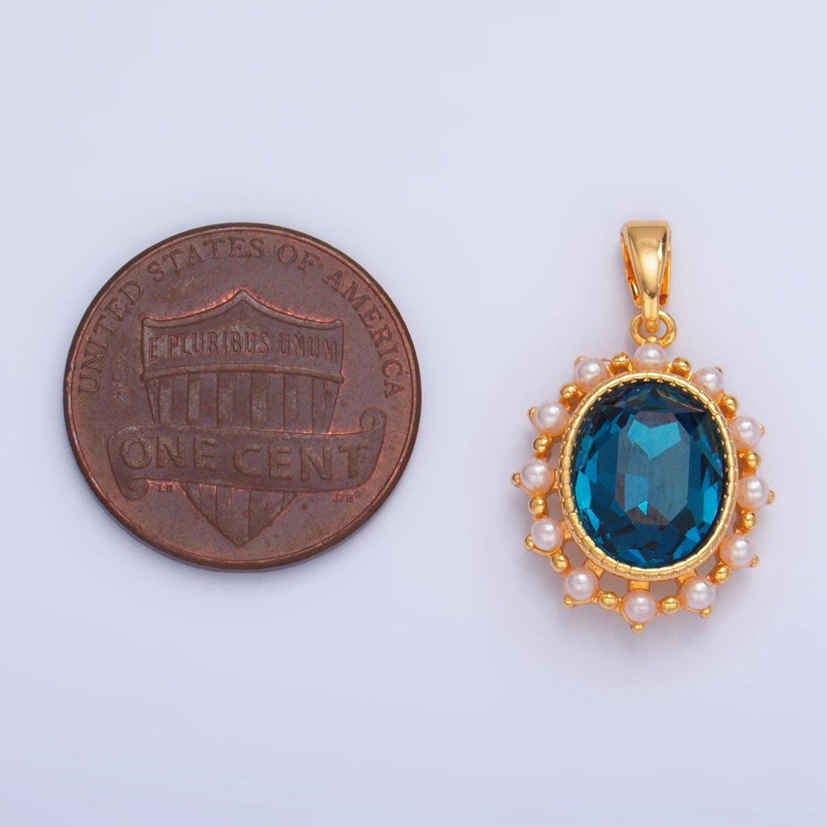 24K Gold Filled Blue CZ Shell Pearl Bezel Oval Pendant | AA1014