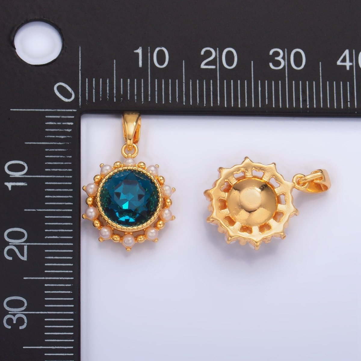 24K Gold Filled Blue CZ Shell Pearl Bezel Round Pendant | AA1013