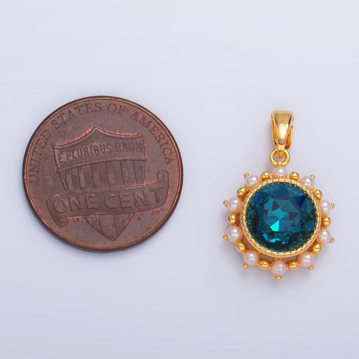 24K Gold Filled Blue CZ Shell Pearl Bezel Round Pendant | AA1013