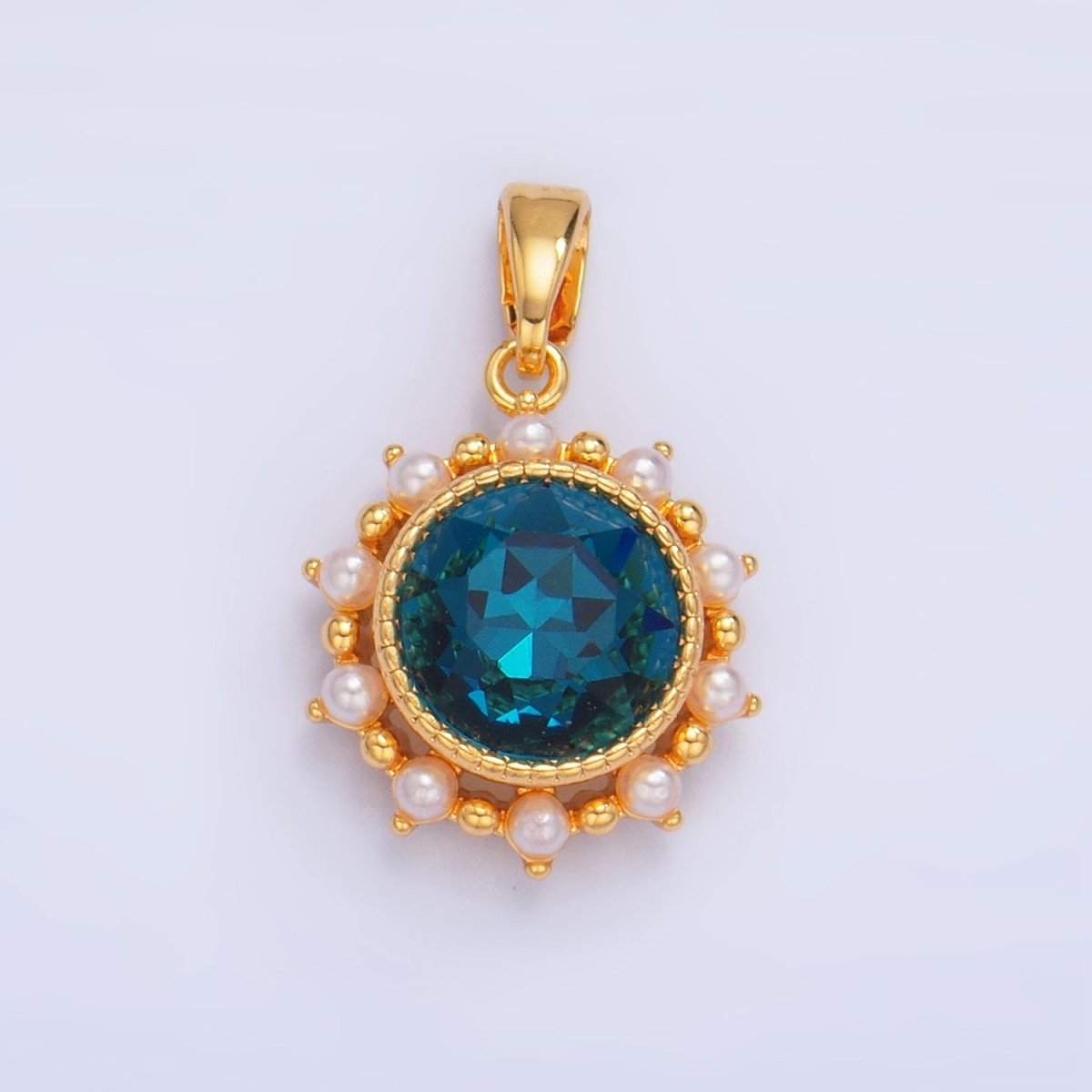 24K Gold Filled Blue CZ Shell Pearl Bezel Round Pendant | AA1013
