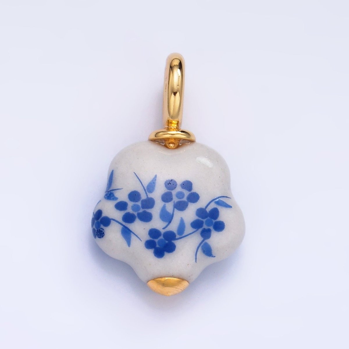 24K Gold Filled Blue Flower Ceramic Porcelain Drop Charm | W147