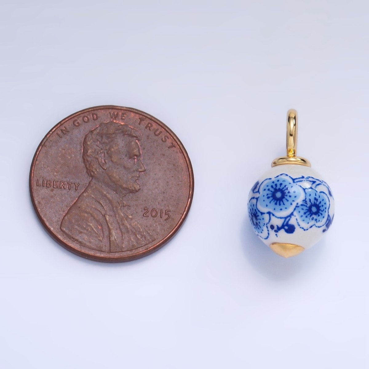 24K Gold Filled Blue Flowers White Ceramic Drop Charm | W122