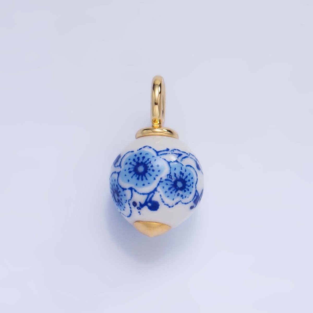 24K Gold Filled Blue Flowers White Ceramic Drop Charm | W122