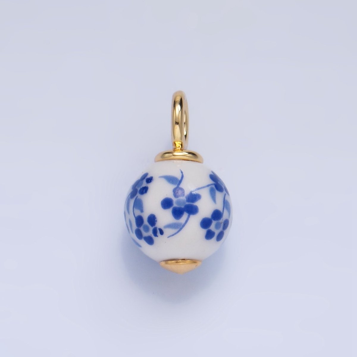24K Gold Filled Blue, Red Flowers Ceramic Drop Charm | W123