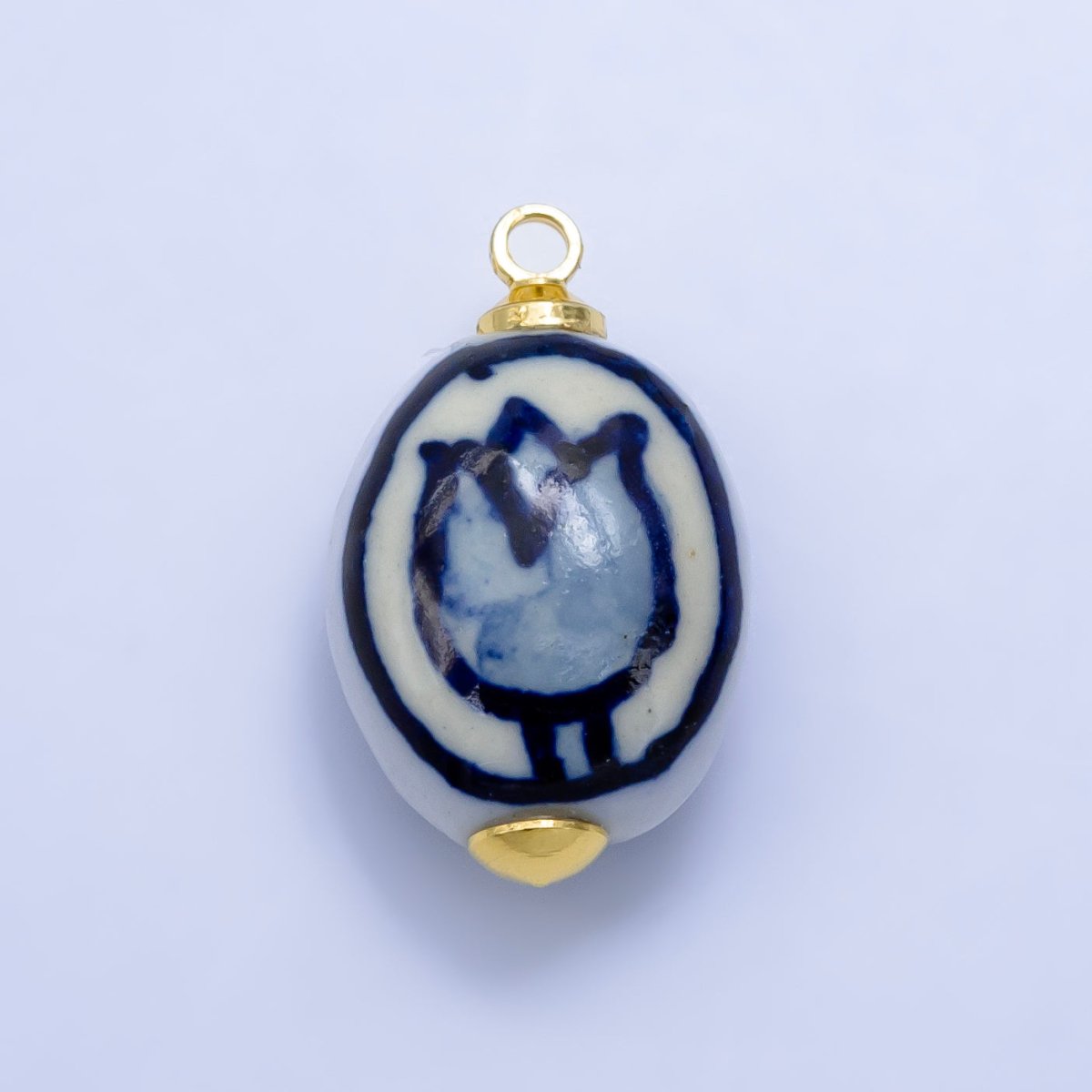 24K Gold Filled Blue Tulip Flowers White Ceramic Drop Charm | W-075