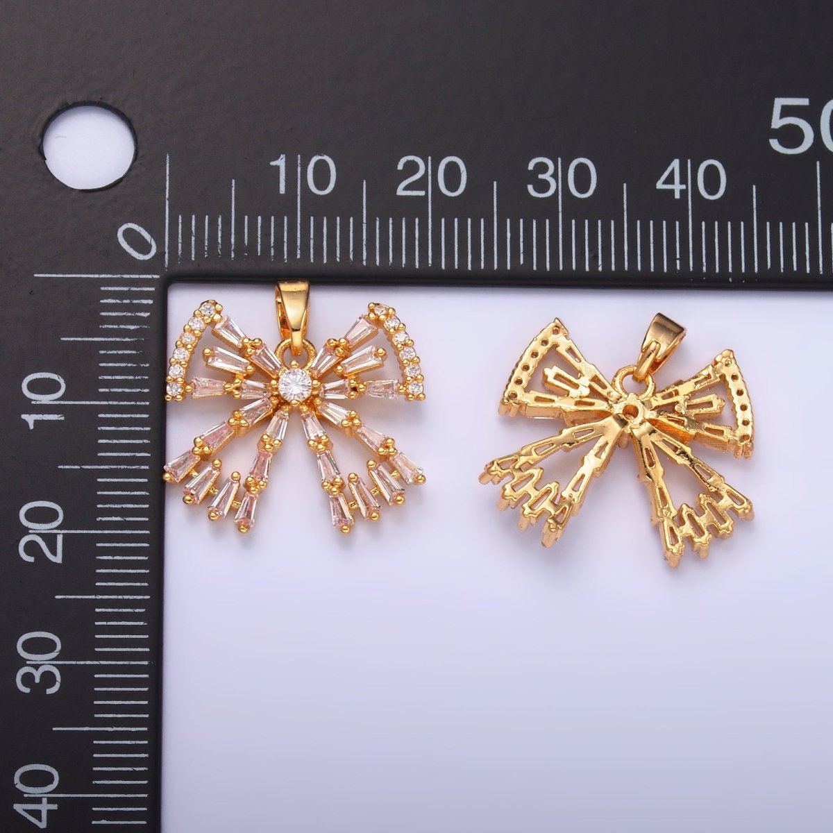 24K Gold Filled Bow Ribbon Baguette Micro Paved CZ Pendant | AA1437