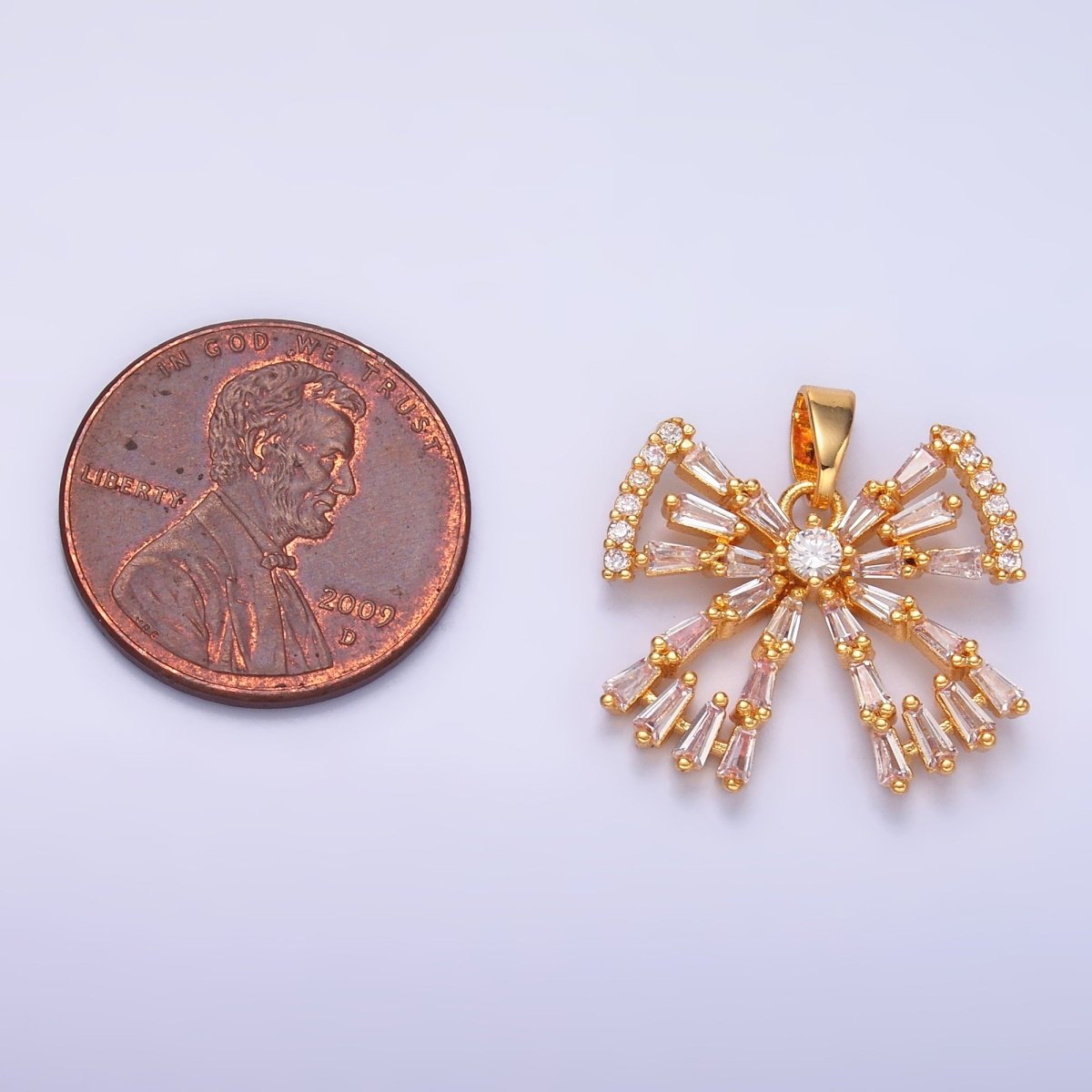 24K Gold Filled Bow Ribbon Baguette Micro Paved CZ Pendant | AA1437