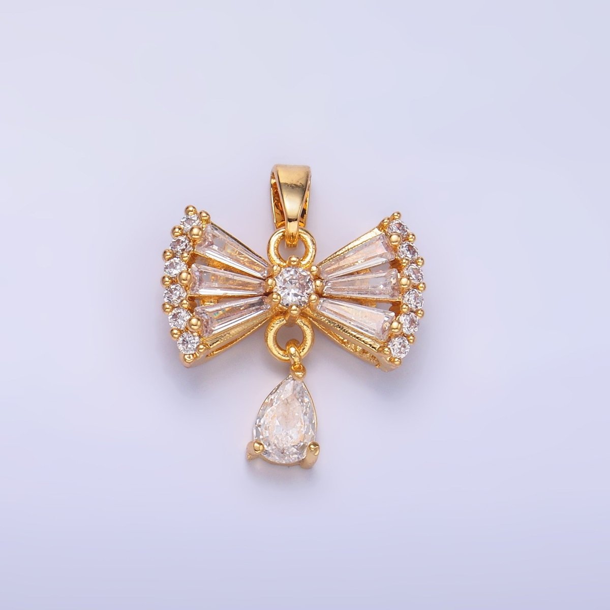 24K Gold Filled Bow Ribbon Teardrop Baguette CZ Micro Paved Drop Pendant | AA1436
