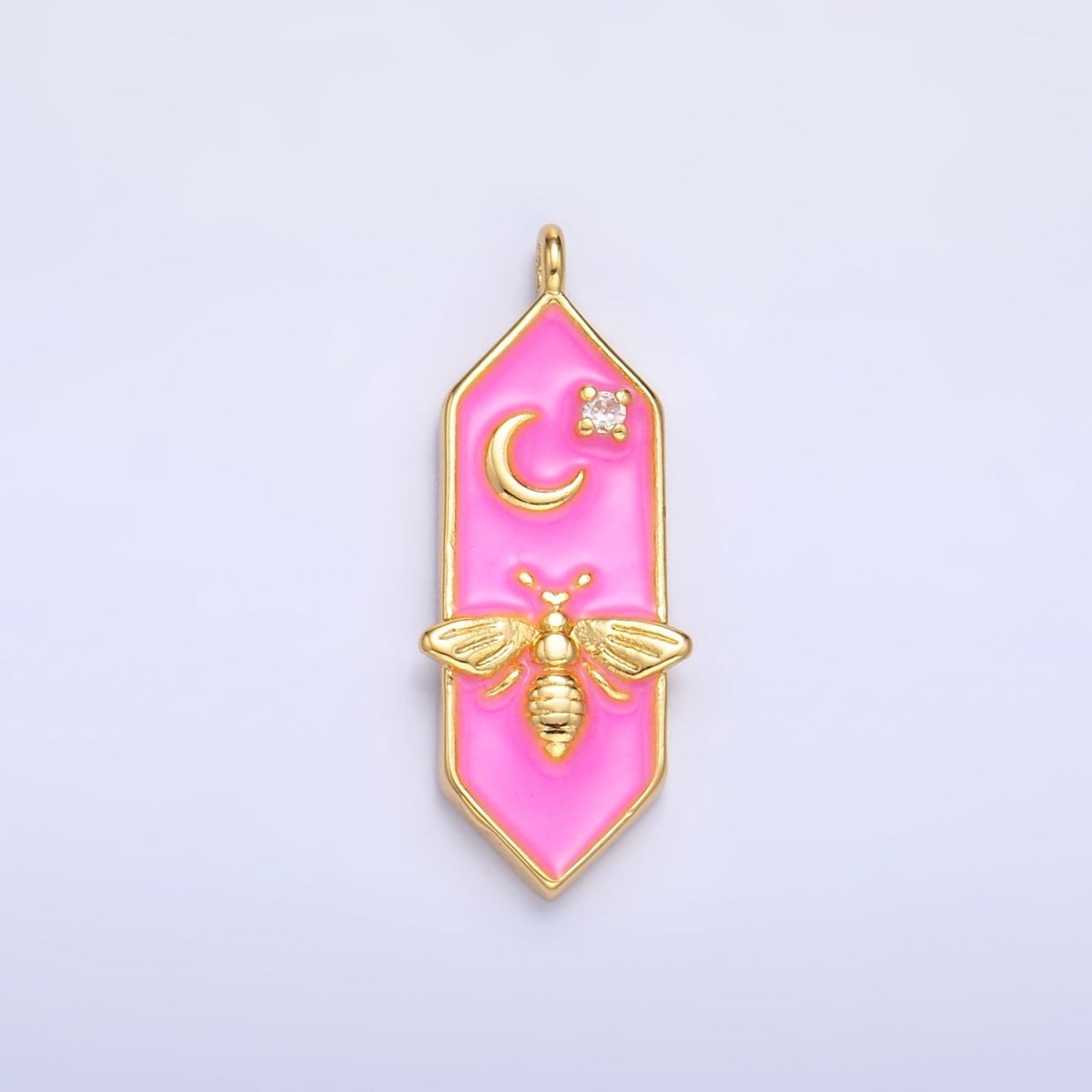 24K Gold Filled Bumble Bee Celestial Moon CZ Pink Enamel Hexagon Charm | W433
