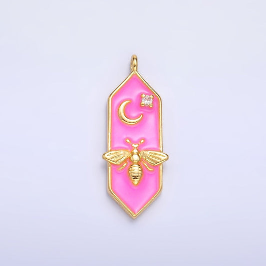 24K Gold Filled Bumble Bee Celestial Moon CZ Pink Enamel Hexagon Charm | W433