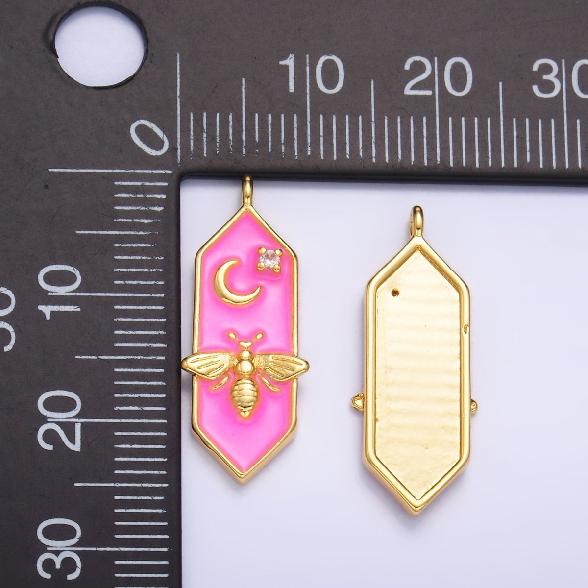 24K Gold Filled Bumble Bee Celestial Moon CZ Pink Enamel Hexagon Charm | W433