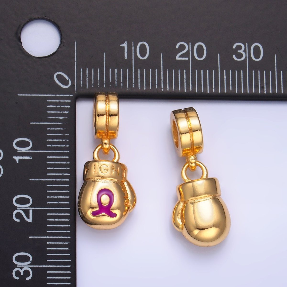 24K Gold Filled Cancer Awareness Ribbon "Fight" Boxing Glove Rhondelle Drop Pendant | W786