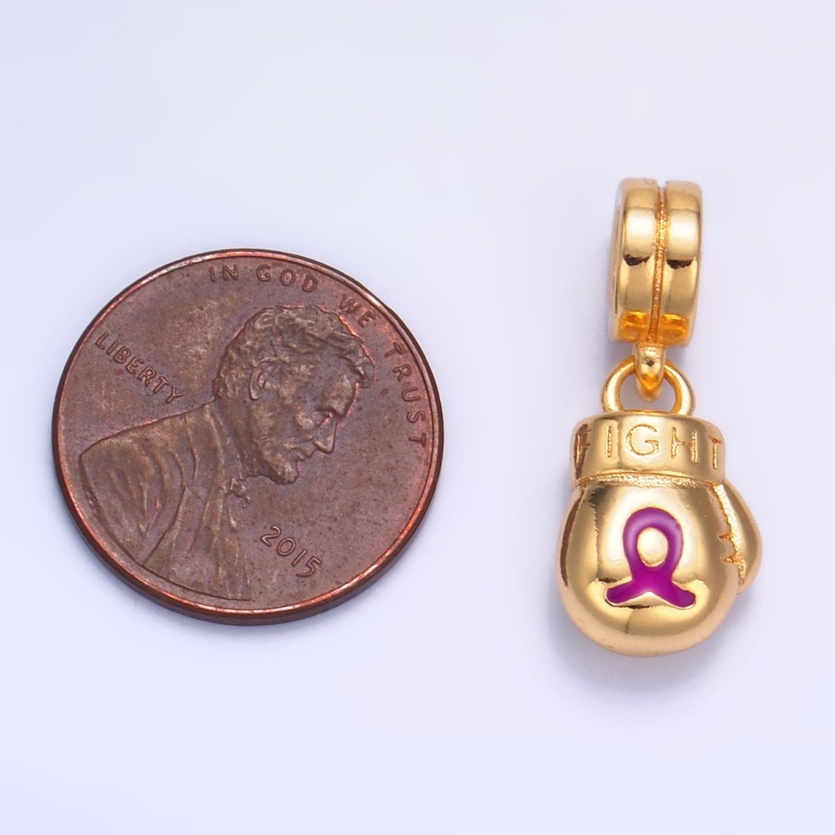 24K Gold Filled Cancer Awareness Ribbon "Fight" Boxing Glove Rhondelle Drop Pendant | W786