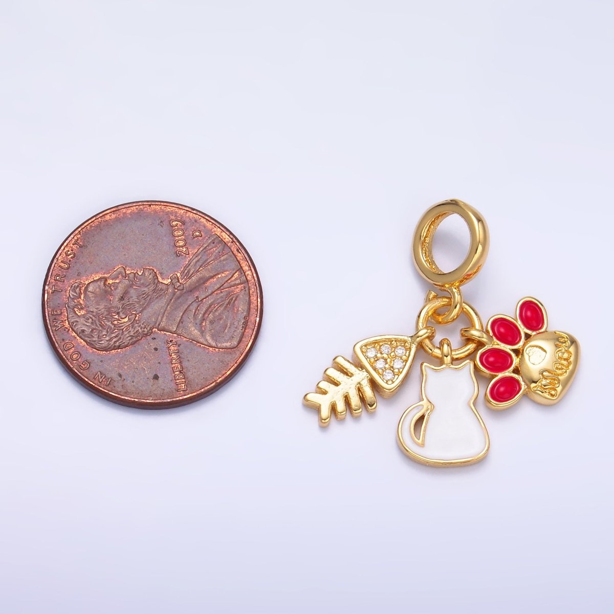 24K Gold Filled Cat Pawprint Fish Bone Rhondelle Drop Pendant | E799